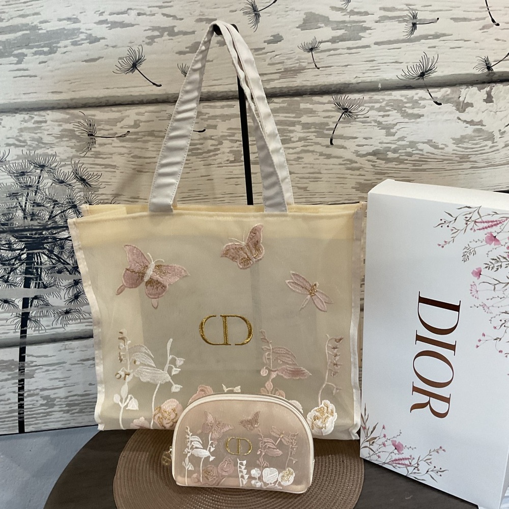 Butterfly Floral Embroidered Tote & Matching Cosmetic Bag